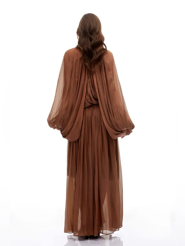 Miss Rosier Mila Brown Pleated Satin Maxi Dress size small - Image 2
