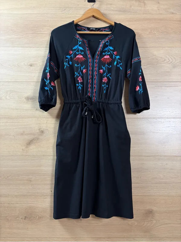 eShakti Cotton Embroidered Black Drawstring Waist Dress Size 4 - Image 6