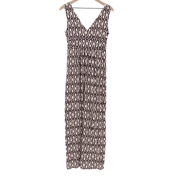 LOFT Maxi Dress Women's S Geometric Ikat Plum Cream Empire Waist Sleeveless - Image 3
