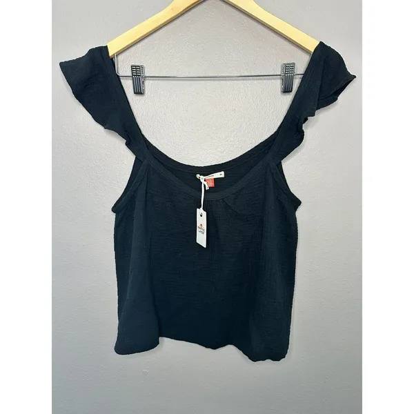 Marine Layer Tank Top Womens Medium Black Ruffle Sleeve Cotton Gauze Summer - Image 2