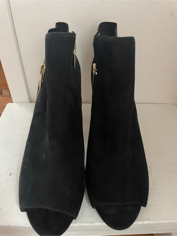 Marc Fisher Black Suede Peep-Toe Ankle Booties with Gold Zip - Image 2