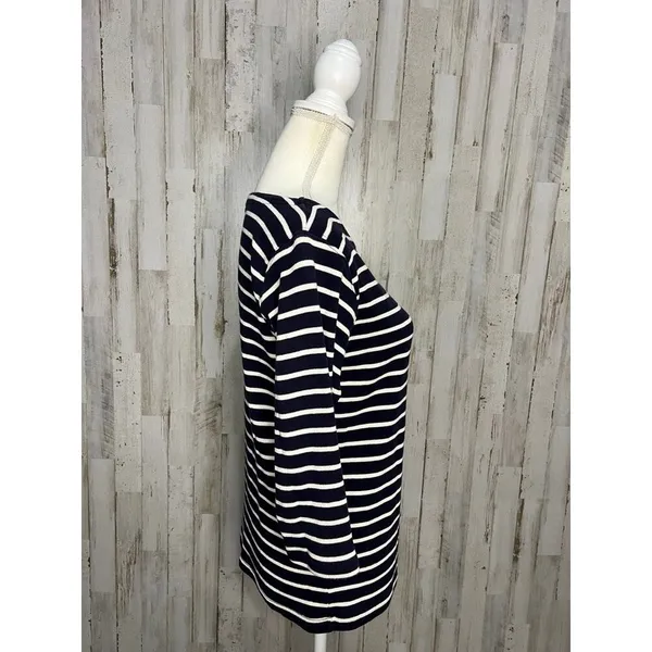 L.L.Bean Women's Medium Navy/White Striped 3/4 Sleeve Boat Neck Blouse‎ - Image 6