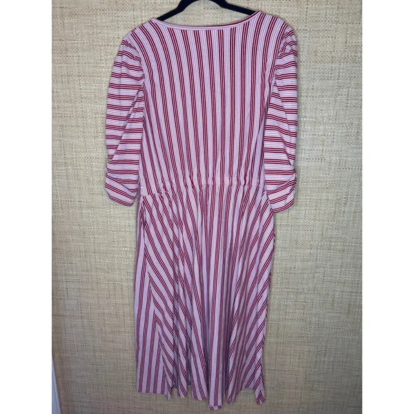 Matilda Jane Women Red Pink Striped Midi Dress NWT Size L Ruched‎ Sleeve Pockets - Image 7