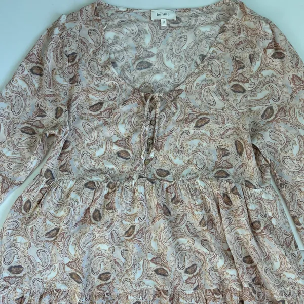 Bohme Womens Paisley Tiered Babydoll Mini‎ Dress Tan Brown V-Neck Rayon FD6018 M - Image 10