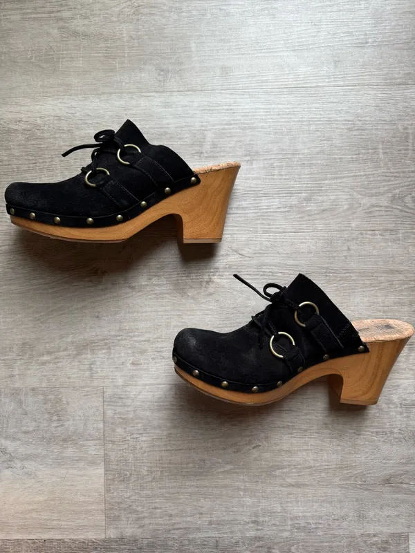 Korks Woodley Black Suede Boho Wooden Platform Clogs Mules Size 10  - Image 4
