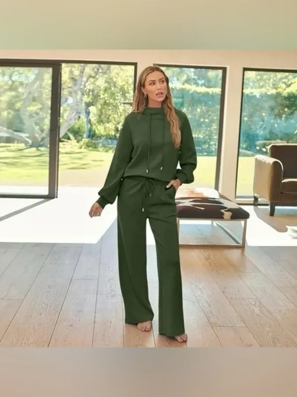 2 piece Olive Green Wide-Leg Lounge Pants - Women's Casual Pull-On Fall Wide Leg - Image 4