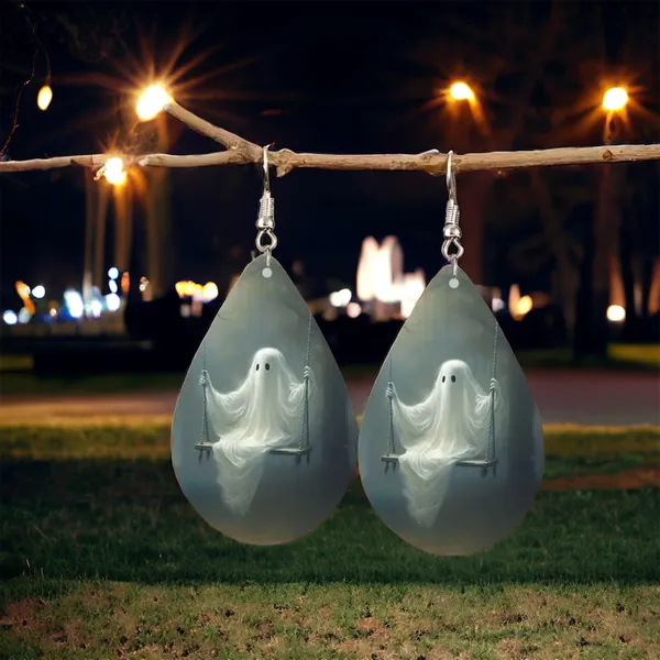 Cute Ghosts On Swing Teardrop Shape Earrings, Gothic Style‎ Dangle Earrings White - Image 6