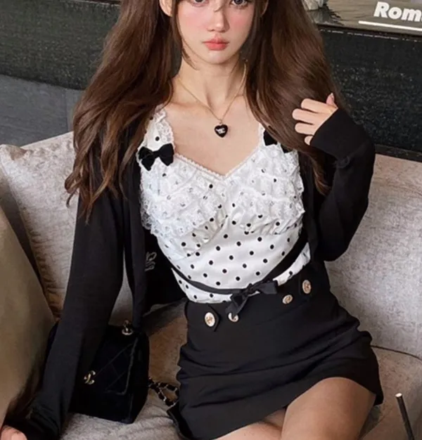 Japanese White Silky Lace Vintage Black Polka Dotted Ribbon Bow Tank Top Blouse - Image 2