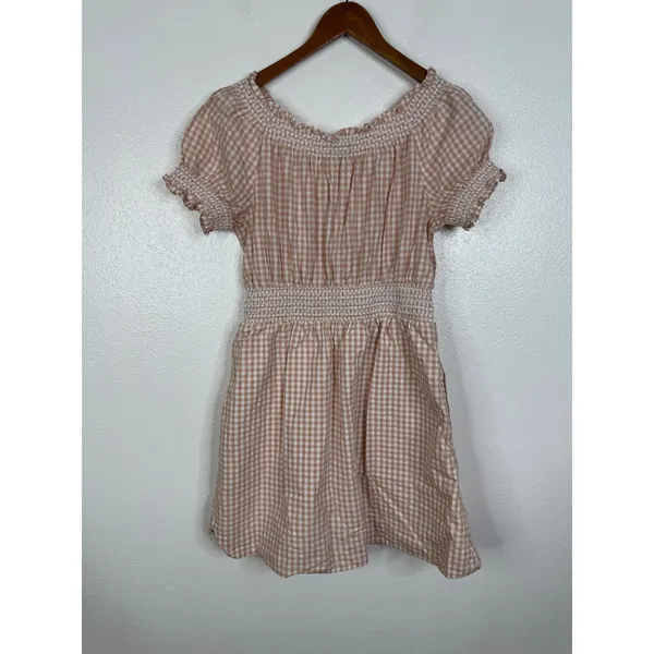 J.Crew Womens XS Peach Gingham Smocked Cotton Mini Dress Short Sleeve Pockets - Image 4