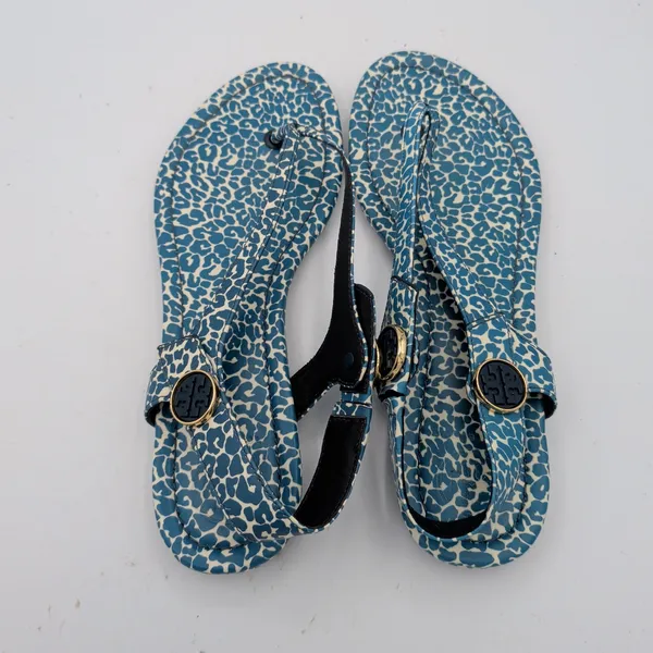 Tory Burch Minnie Travel Sandal Blue Leopard Print‎ Leather Thong Slingback 8M - Image 5