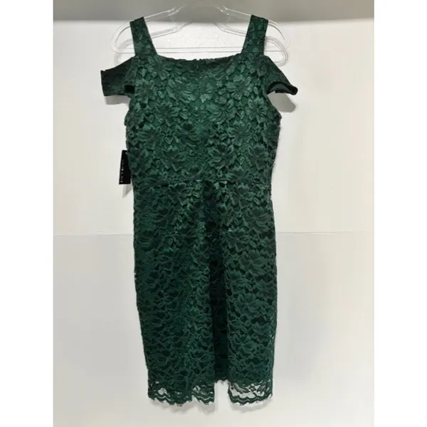 En Focus NWT Size 14 Emerald Green Lace Cold Shoulder Sheath Cocktail Dress Knee - Image 3