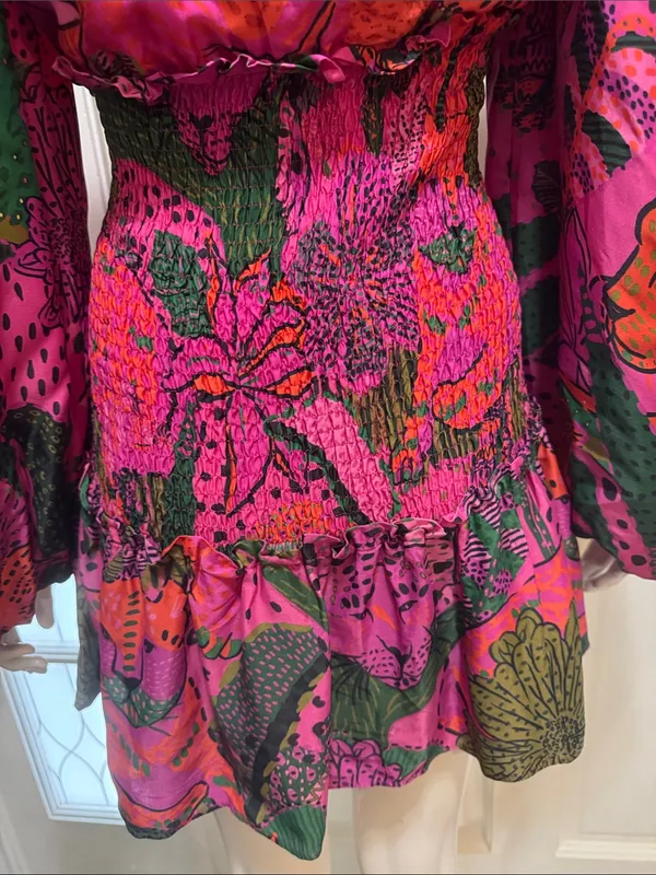 Farm Rio Boho Cool Leopards Mini Dress V-Neck Smocked Mini Dress Size Large - Image 11