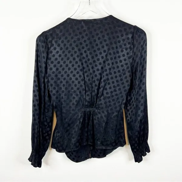 Madewell Smocked Sleeve V-Neck Woven Dot Blouse Women's 00 Black Minimalist Chic - Image 3