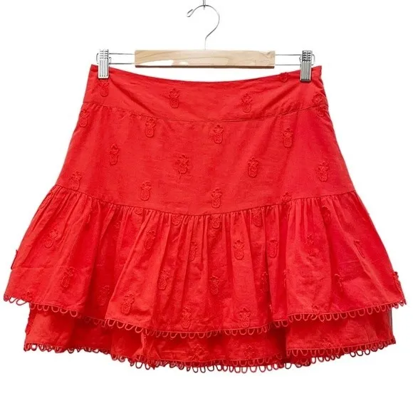 NWT Farm Rio Ruffled 3-D Pineapple Mini Skirt Size Medium Warm Red Tropical NEW - Image 4