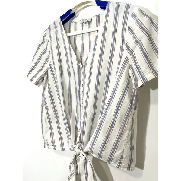 Madewell Agency Button Front Top in Sarasota Stripe Ivory Size Medium Tie Hem - Image 6