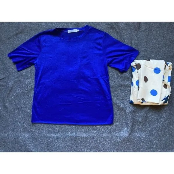 Chic Blue Tee and‎ Polka Dot Wrap Skirt Set Vintage Style Adjustable Waist S new - Image 3