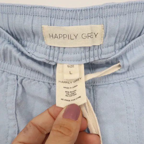 Happily Grey Light Blue Linen Blend Wide Leg Drawstring Pants Large - Image 3