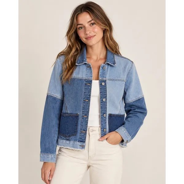 PacSun Womens XS Two-Tone Patchwork Denim Jacket Frayed Hem Blue Cotton Trucker - Image 8