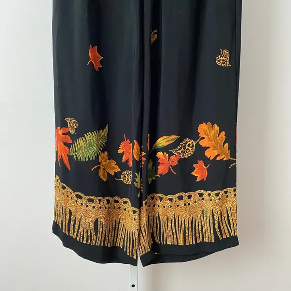 VTG‎ Boho Earth Colors Autumn Leaf Print Fringe Hem Wide Leg Pants L Black - Image 3