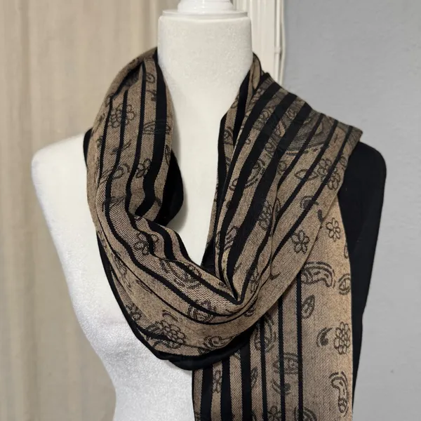 Black and Tan Paisley Floral Pashmina Wrap Scarf Shawl with Fringe Trim 28x72 in - Image 6