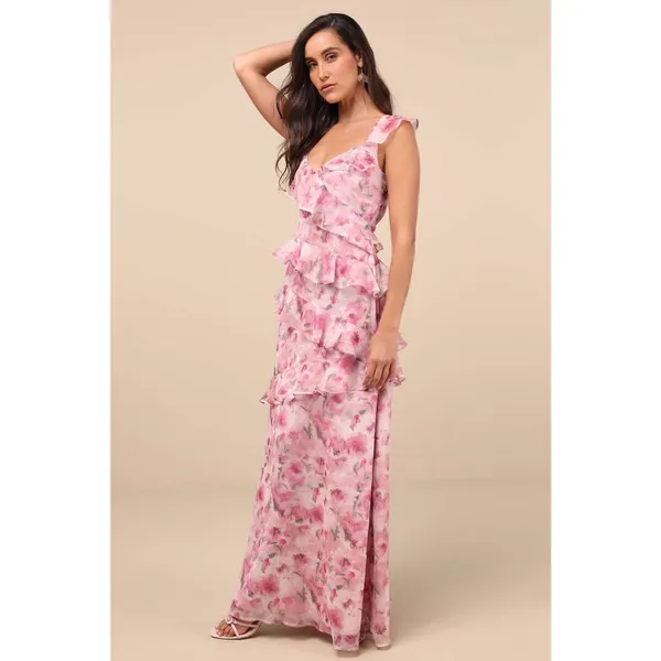 NWT Lulus Evangeline Pink Floral Ruffle Maxi Dress Cruise Resort Gala Banquet XL - Image 8