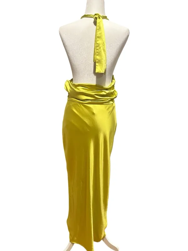 SIMON MILLER Satin Halter Chartreuse Prom Wedding Guest Long Slip Dress 10 - Image 6