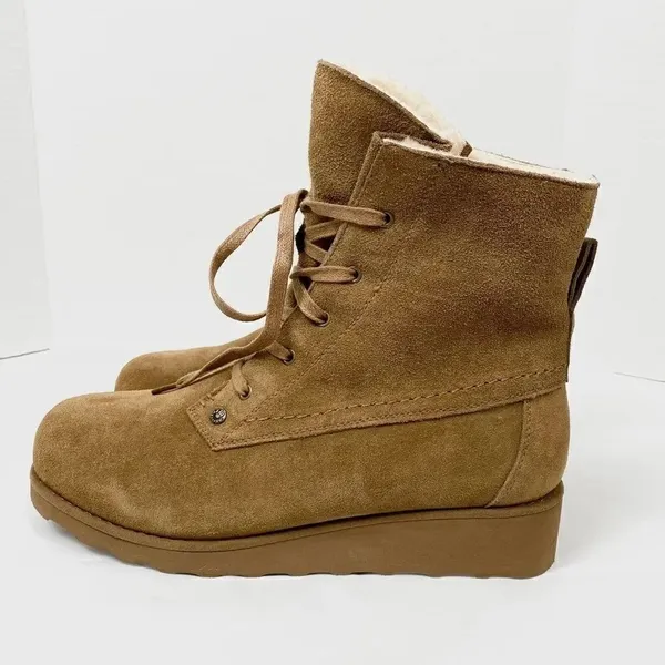 NWOB Bearpaw Krista Tan Suede Sheepskin Heeled Ankle Boots - Image 6