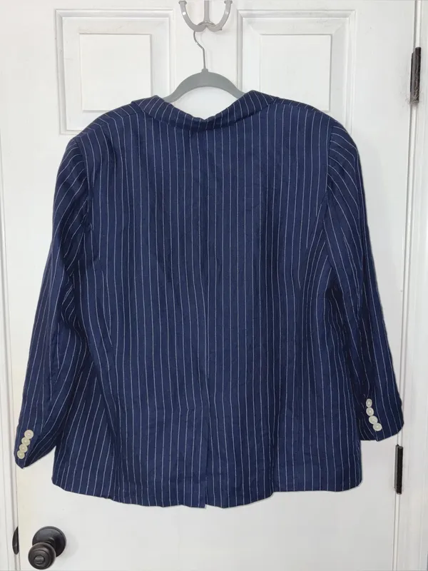 Vintage Lauren Ralph Lauren Navy Pinstripe Classic 1 Button Linen Blazer - Image 3