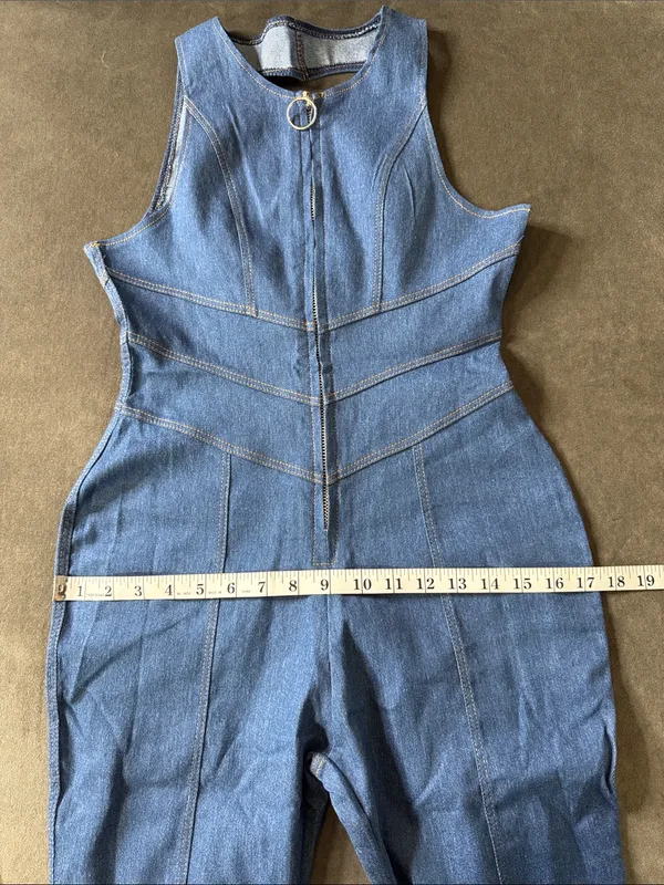 Sleeveless Sexy Blue Denim Jumpsuit Front Zip Slim Fit Retro 70s Flare Size S - Image 12