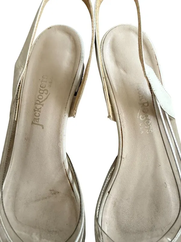 JACK ROGERS Vintage Cream Leather Kitten Slingback Heels Size 8 - Image 8