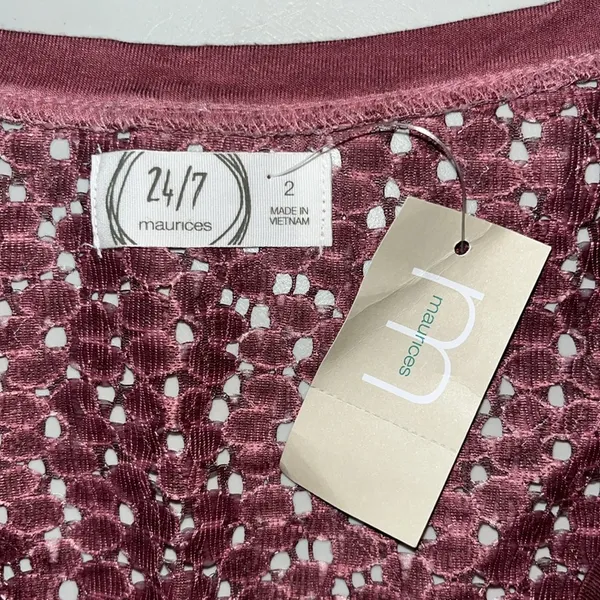 Maurices 24/7 NWT Size 2 Washed Purple Crochet Lace Knot Hemline Knit Top Shirt - Image 7