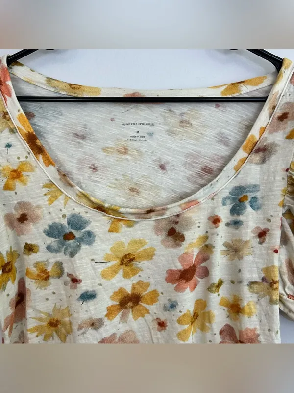 Anthropologie Wide Neck Short Puff Sleeve Pastel Cotton Floral Top Size Medium - Image 3