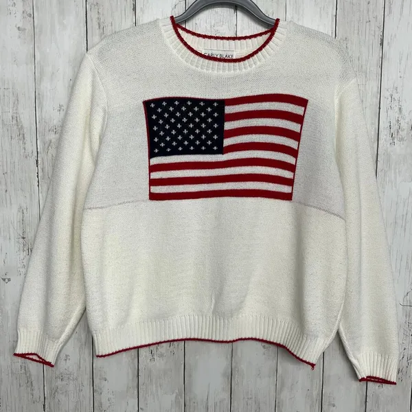 Vintage Carly Blake American Flag USA Ribbed Hem Crew Neck Sweater Large - Image 2