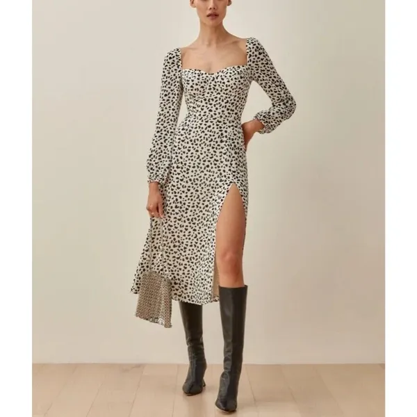 Reformation Shelby Dress Ocelot White Black Print Midi Slit Bustier Chic Size 0 - Image 2