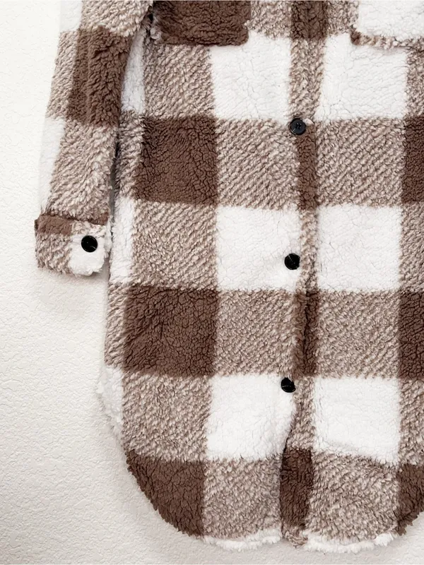 Miss Sparkling Brown Plaid Sherpa Shacket Oversized Longline Teddy Fleece Jacket - Image 4