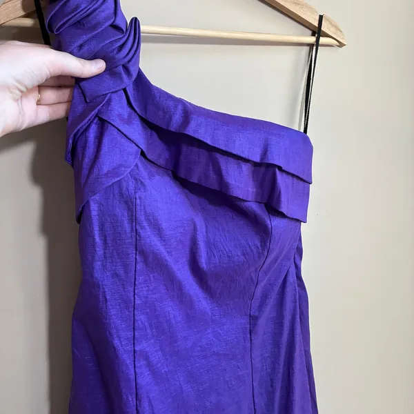 Vintage Rory U.S.A. One Shoulder Ruffle Cocktail Dress L Purple Textured y2k - Image 2