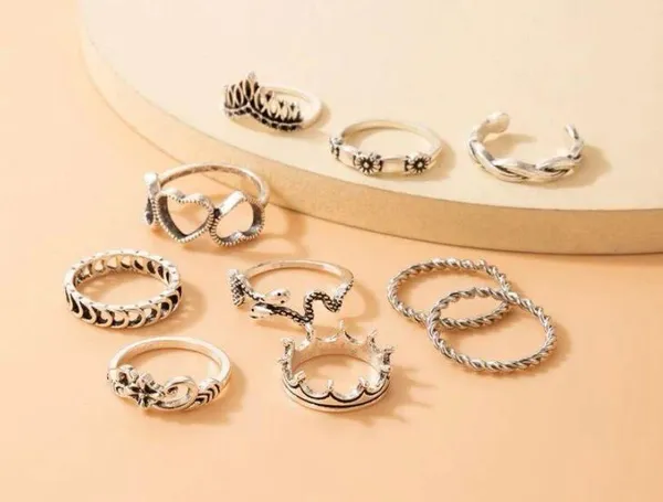 Set of 10 rings, snake, flower, heart, braid, crown, silver - Image 2