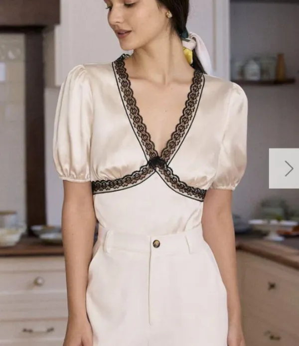 RIHOAS The Apricot V-Neck Lace Puff Sleeve Blouse 3 - Image 4