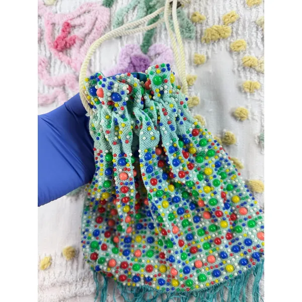 Vintage KBS Trading Co Honolulu Beaded Drawstring Pouch Bag Multi Color Fringe - Image 4