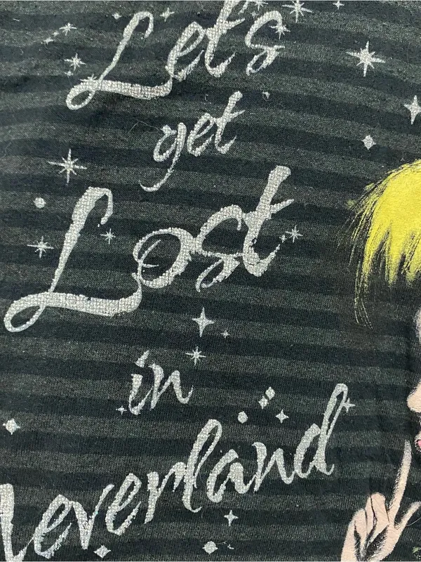 Disney Womens M Tinkerbell Tee T Shirt Let’s Get Lost In Neverland Black Stripes - Image 4