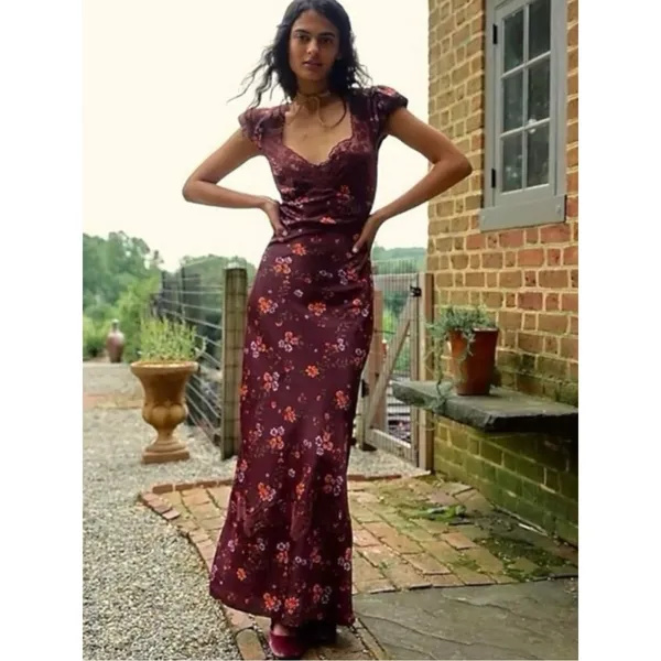 Free People Dainty Lace Retro 90s Butterfly Babe Maxi Dress Brown Combo Medium - Image 3