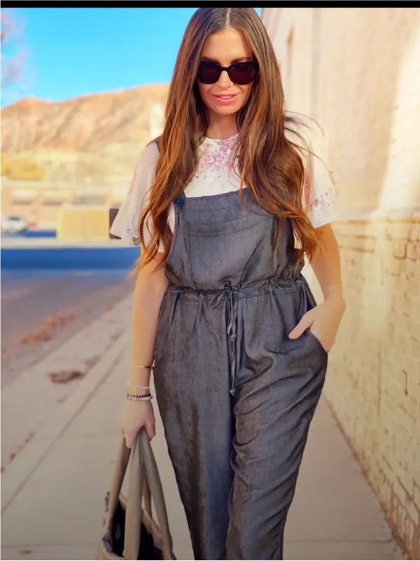 NEW! LuLaRoe JULIET Dark Blue Chambray Denim Overalls Jumpsuit Size MEDIUM - Image 3