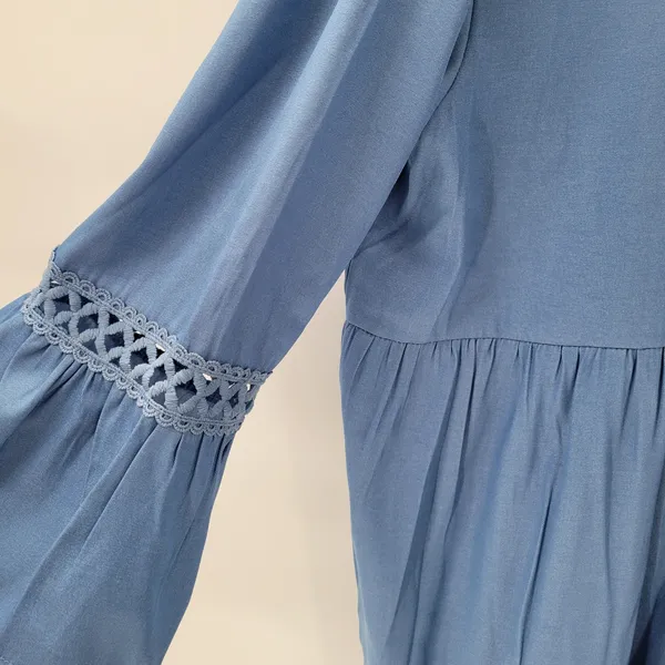 Boho Dress XL Blue Lace Crochet Trim Flowy Midi Casual Party Tiered Ruffle Rodeo - Image 11