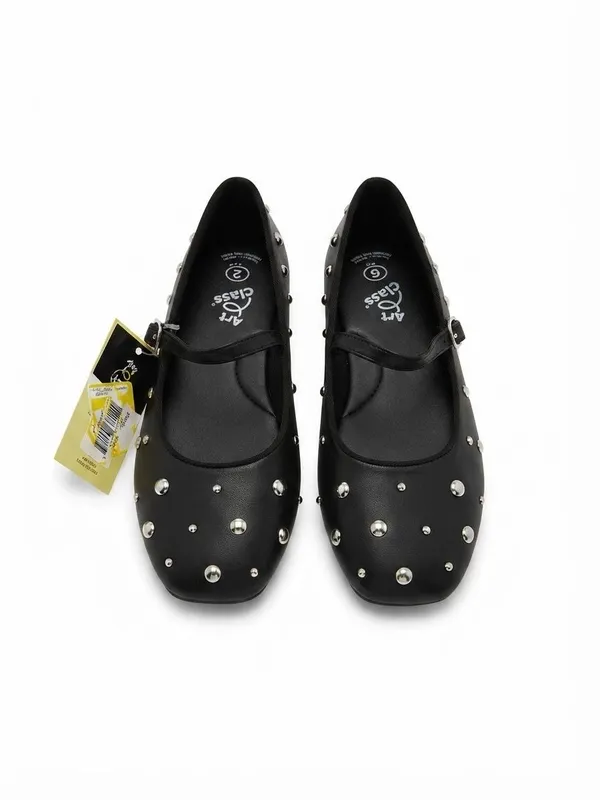 Art Class Girls Black Studded Mary Jane Ballet Flats – Silver Rivet Shoes Size 2 - Image 2