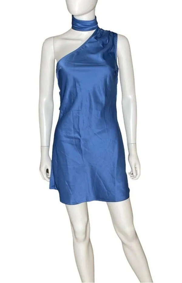Lulus Elevated Mystique Blue Satin One-Shoulder Mini Dress Women’s Sz S - Image 2