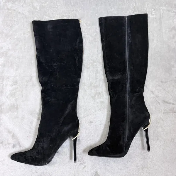 Ariz Suede Knee High Boots Glam Stiletto Pointed Toe Black Women Size 10 - Image 2