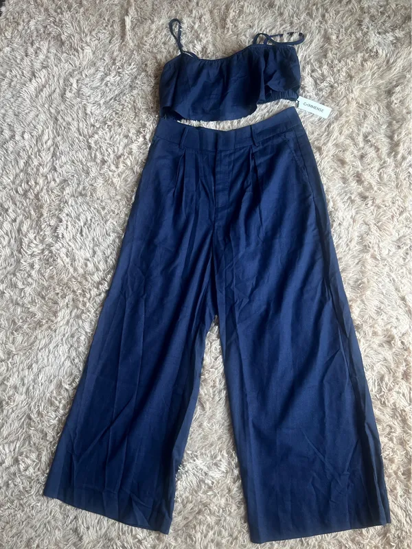 Navy Ruffled Cami Top and Wide-Leg Pants Set Linen Blend Large - Image 6