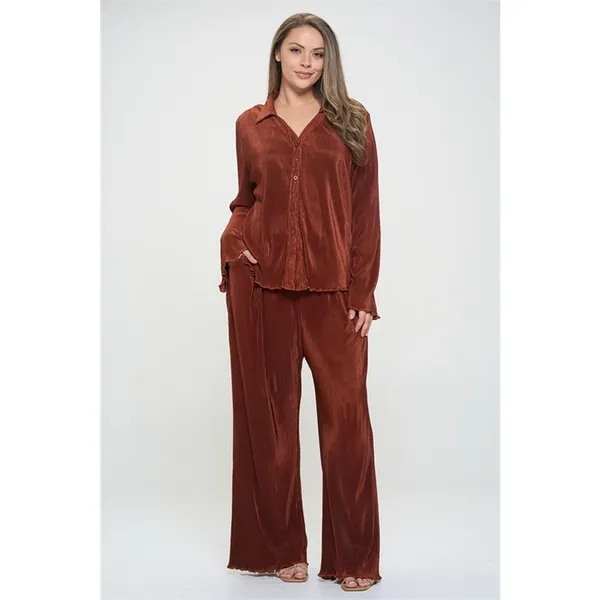 Gilli Cinnamon Satin Plisse Lettuce Hem Blouse & Flare Pant Set 2X NWT - Image 2