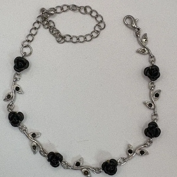 Source Unknown Silver and Black Rose W Colored Rhinestone Leaves Ankle Bracelet - Image 2