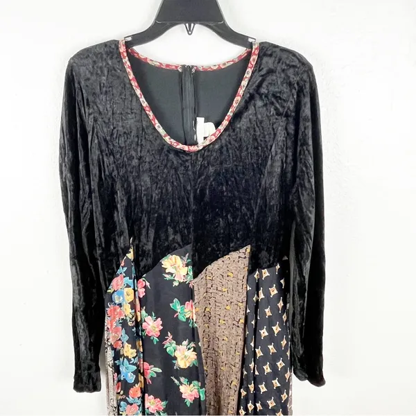LEW MAGRAM Black Velour Long Sleeves Mixed Prints Maxi Dress Medium Boho Casual - Image 7